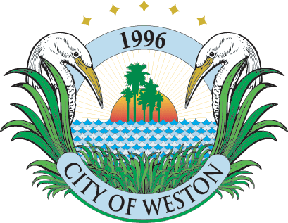City of Weston emblem with herons and sunset